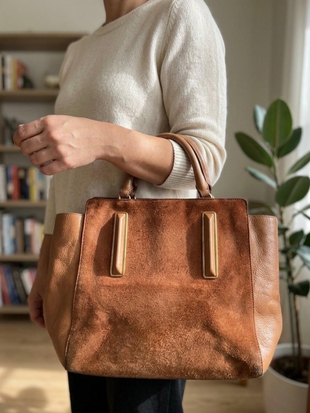 Halston Heritage cognac Tan Leather and Suede Satchel Bag